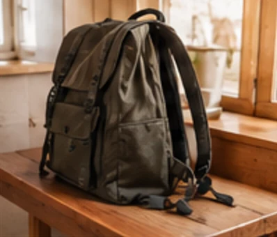 Rucksack auf einer Holzbank am Fenster